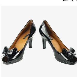 PAUL GREEN peep toe black patent bow heels. Size 4 UK, equivalent of 6.5 US.